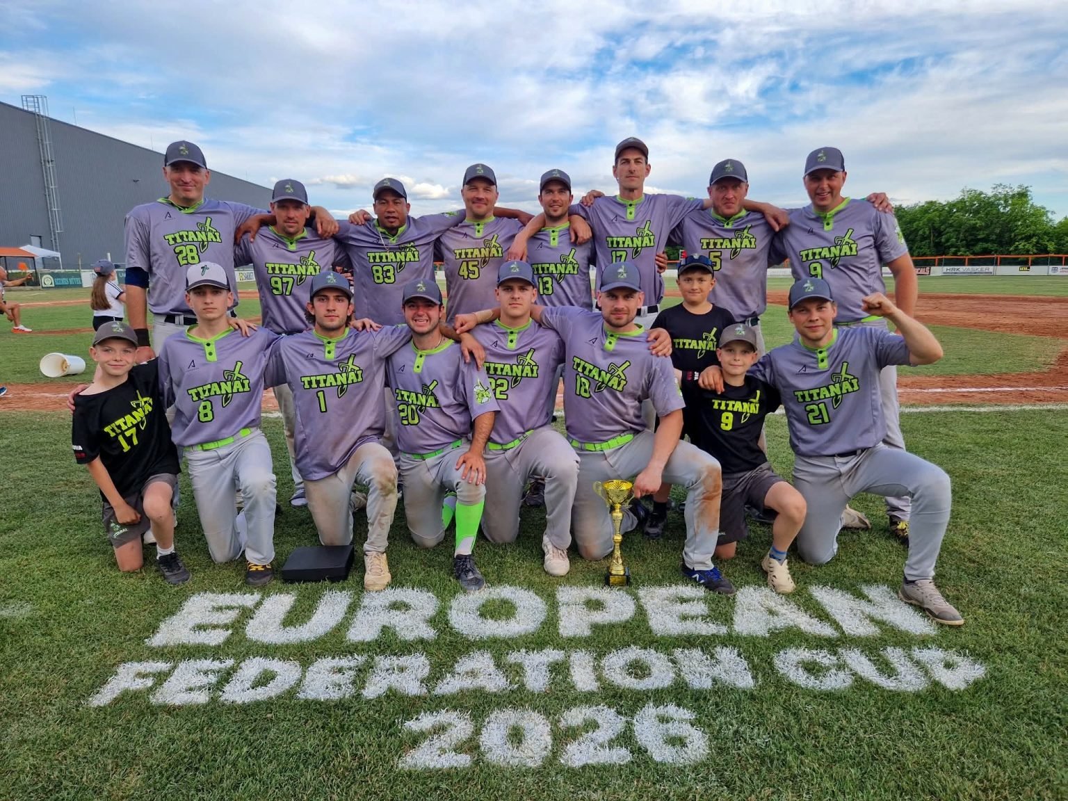 Utenos Titanai team celebrating with the silver medal trophy at the 2026 European Federation Cup Qualifier